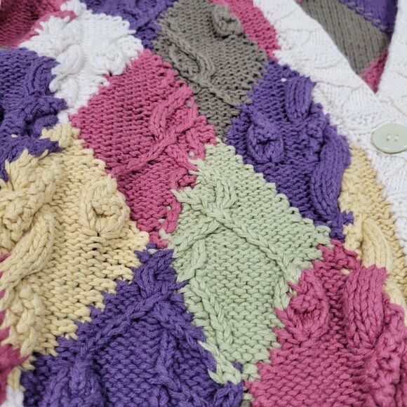 CASUAL CORNER Rainbow Argyle 3D Cable Knit Cardigan Cottagecore SIZE SMALL - Picture 4 of 10